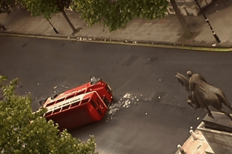 Routemaster bus on its side from the film 28 days later